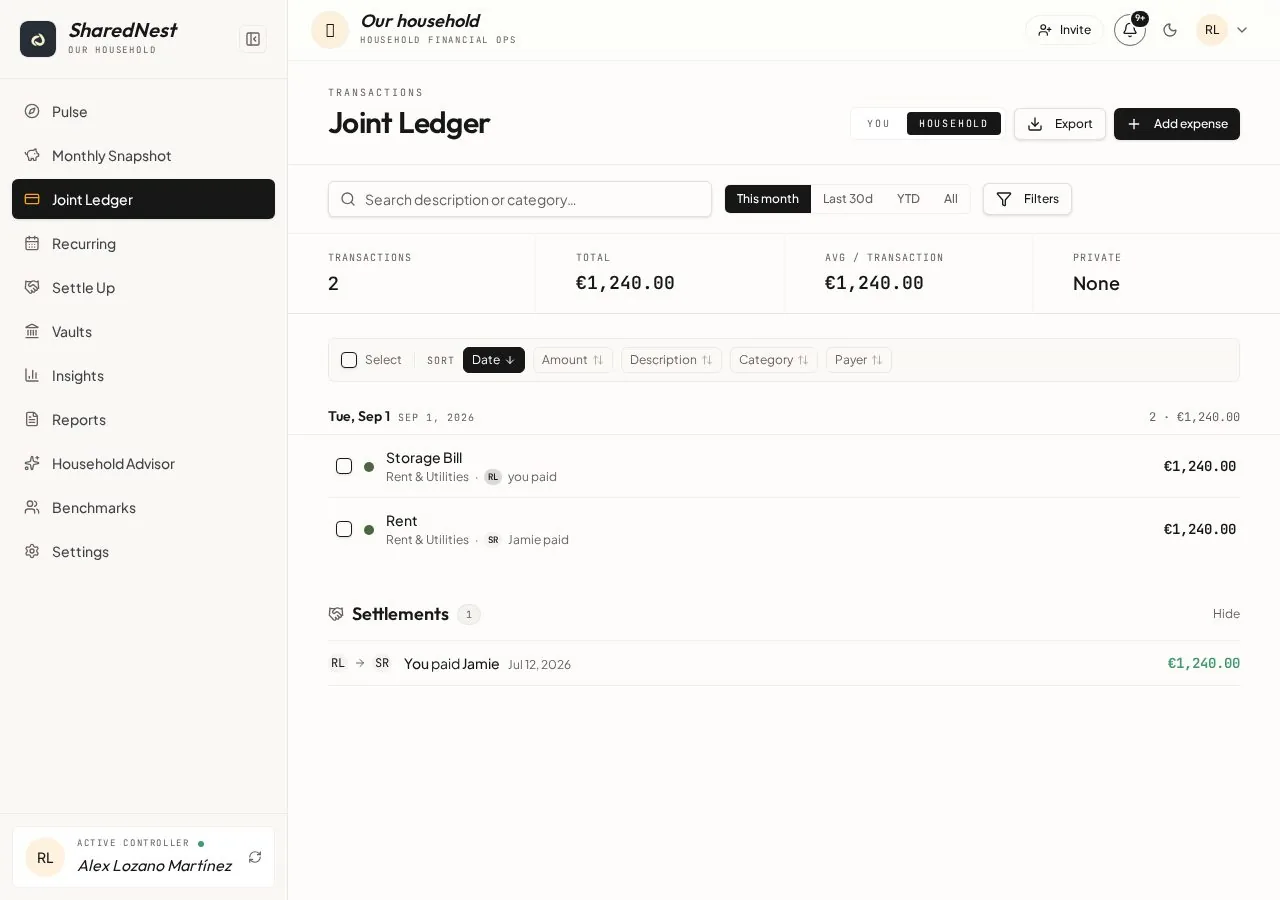 SharedNest Joint Ledger showing shared expenses, settlements and the live household balance