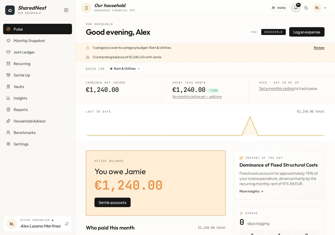 SharedNest Pulse showing a household's current spending, balance and financial alerts
