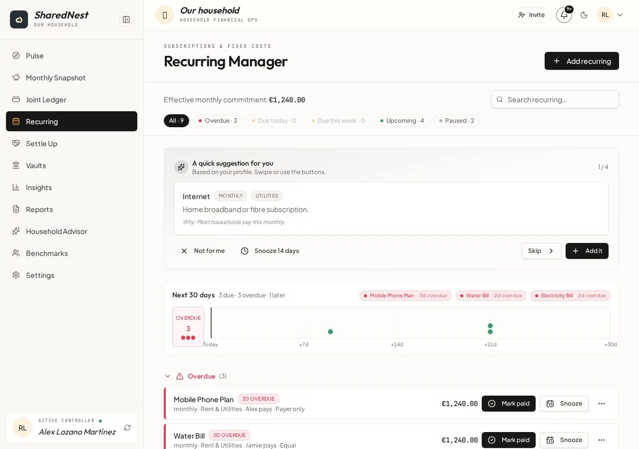 SharedNest Recurring Manager showing upcoming household bills and payment timing